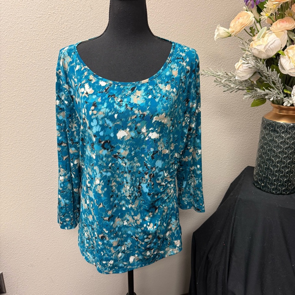 Dana Buchman Teal Abstract Ruched Side Scoop Neck Top XL - Picture 1 of 9
